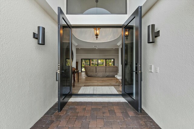 doorway to property with stucco siding