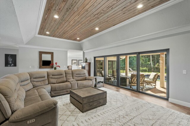 living area with wood finished floors, recessed lighting, wood ceiling, and ornamental molding