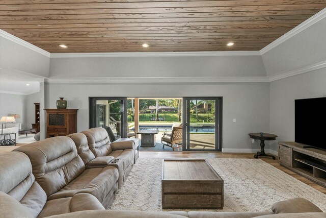 living area with recessed lighting, wooden ceiling, crown molding, and wood finished floors