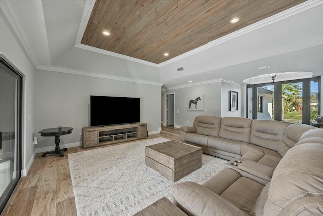 living room featuring light wood-style floors, wooden ceiling, crown molding, and a tray ceiling