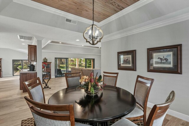 dining space with a tray ceiling, visible vents, a notable chandelier, and light wood-style flooring