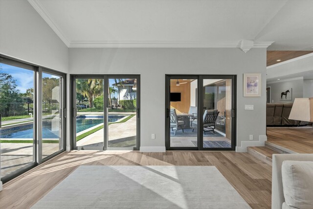 interior space with baseboards, wood finished floors, and ornamental molding