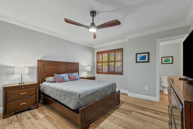 bedroom featuring ceiling fan, baseboards, light wood finished floors, and ornamental molding