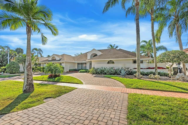 view of front facade with a front lawn, decorative driveway, an attached garage, and stucco siding