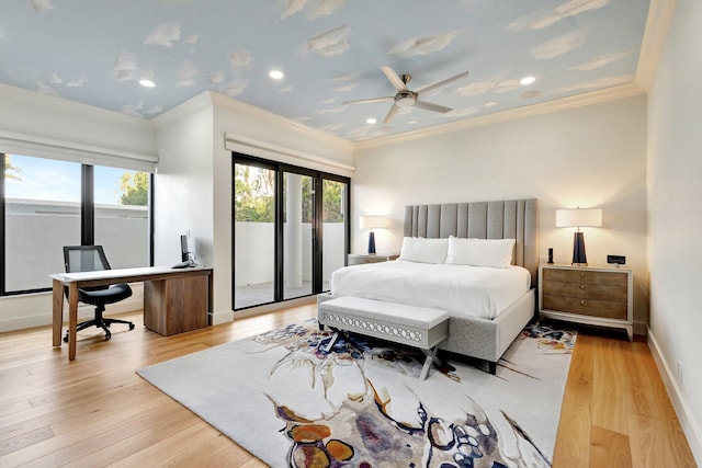 bedroom featuring multiple windows, access to exterior, ornamental molding, and light wood finished floors