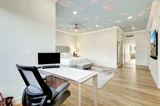 office space with baseboards, visible vents, light wood finished floors, recessed lighting, and crown molding