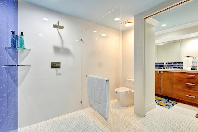 bathroom with walk in shower, toilet, recessed lighting, tile patterned floors, and vanity