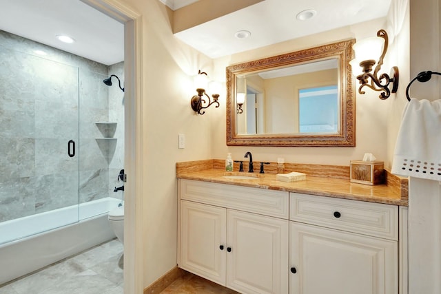 full bath featuring vanity, toilet, recessed lighting, and bath / shower combo with glass door