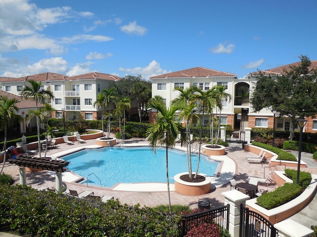 pool featuring a patio and fence