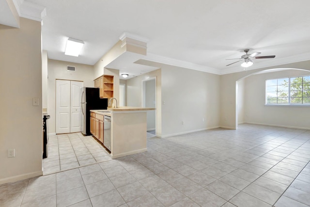 kitchen with visible vents, open shelves, a sink, open floor plan, and appliances with stainless steel finishes