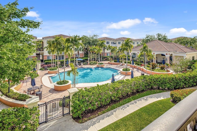 community pool with fence, a patio area, and a residential view