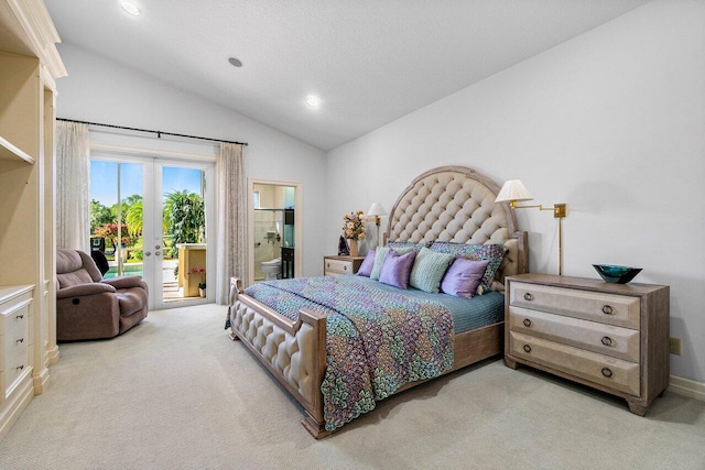 bedroom featuring light carpet, french doors, lofted ceiling, and access to outside