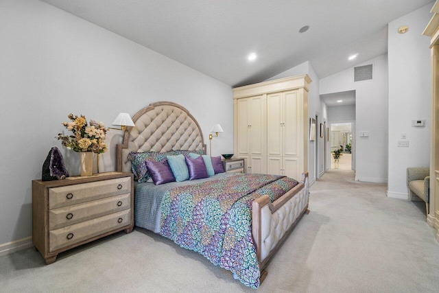 bedroom featuring visible vents, lofted ceiling, light carpet, recessed lighting, and a closet