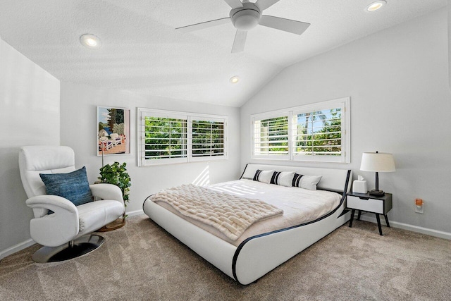 carpeted bedroom featuring lofted ceiling, a ceiling fan, a textured ceiling, recessed lighting, and baseboards