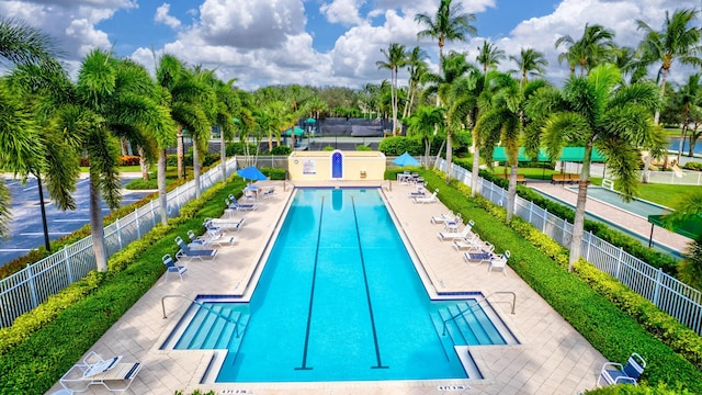 pool featuring a patio and fence