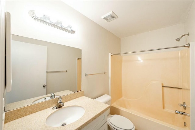 full bath featuring vanity, toilet, tub / shower combination, and visible vents