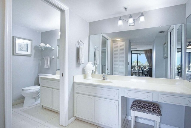 bathroom featuring vanity, visible vents, a closet, tile patterned floors, and toilet