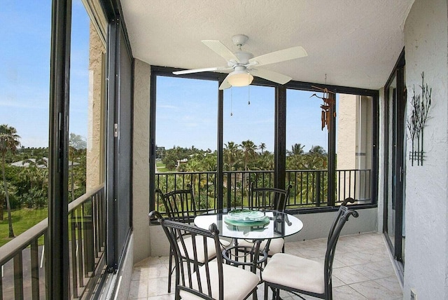 sunroom / solarium featuring ceiling fan