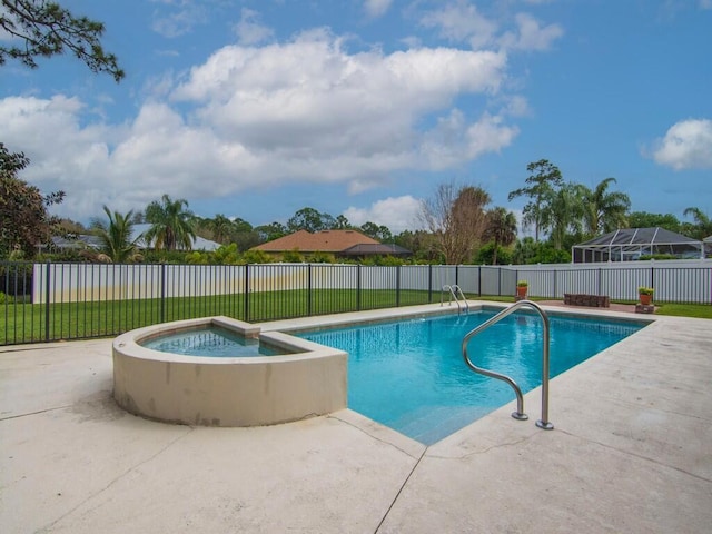 view of pool with a fenced in pool, fence, a yard, an in ground hot tub, and a patio