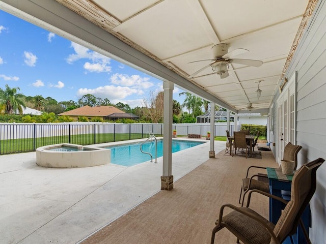 view of pool featuring a fenced in pool, a ceiling fan, a fenced backyard, outdoor dining area, and an in ground hot tub