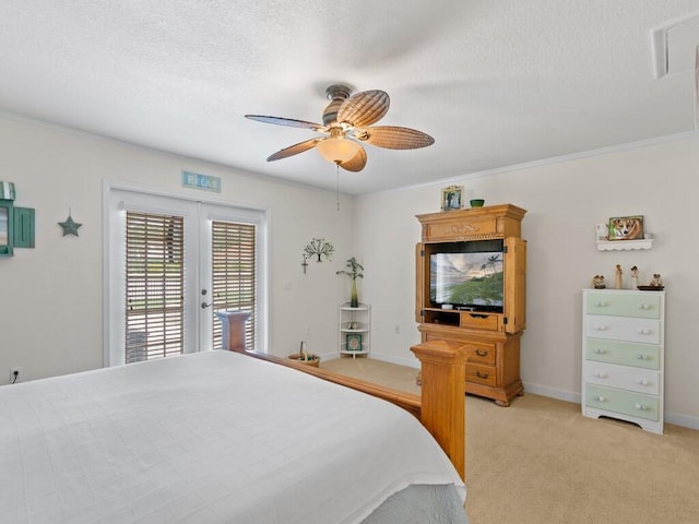 bedroom featuring access to outside, light colored carpet, baseboards, and a textured ceiling