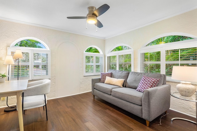 living area featuring ornamental molding, wood finished floors, a ceiling fan, and a textured wall