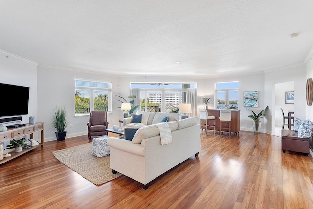 living room featuring crown molding, wood finished floors, baseboards, and a textured ceiling