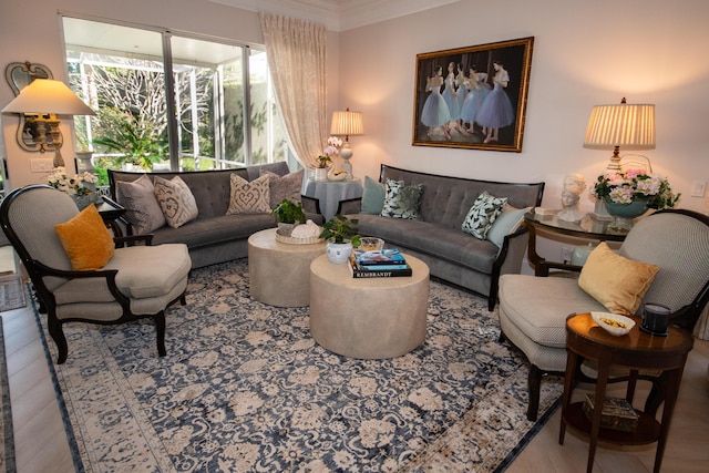 living room featuring crown molding