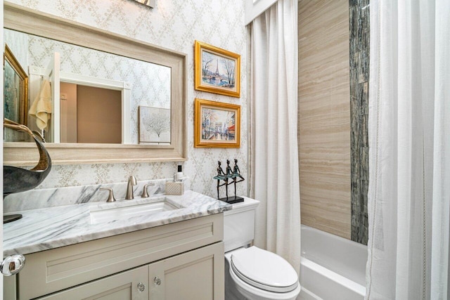396 Kelsey Park Dr, Palm Beach Gardens, FL 33410 - full bath featuring toilet, wallpapered walls, shower / bath combination with curtain, and vanity