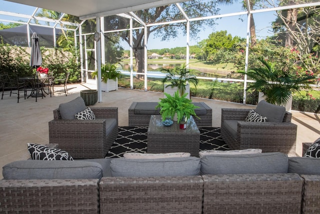 view of patio / terrace with a lanai and outdoor lounge area