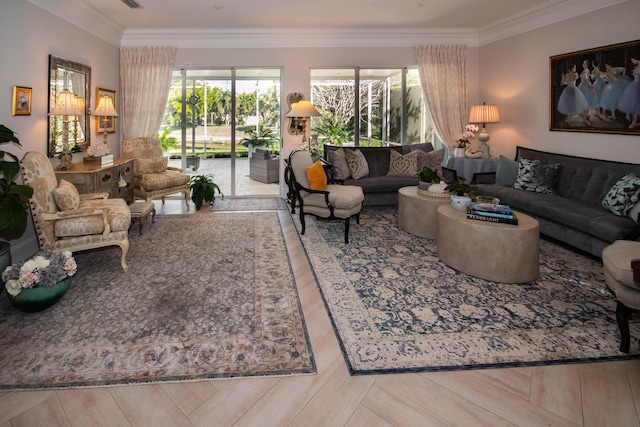 living area with ornamental molding