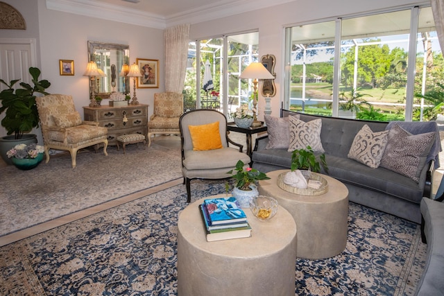 living area featuring ornamental molding