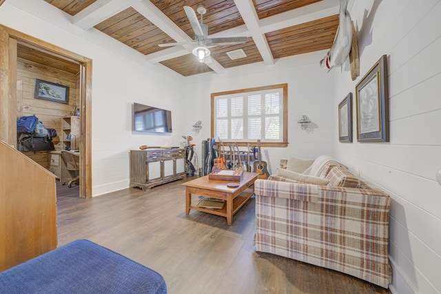 living room featuring beamed ceiling, wood finished floors, wood walls, and wood ceiling