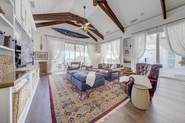 living area with visible vents, dark wood-type flooring, wood ceiling, lofted ceiling with beams, and ceiling fan