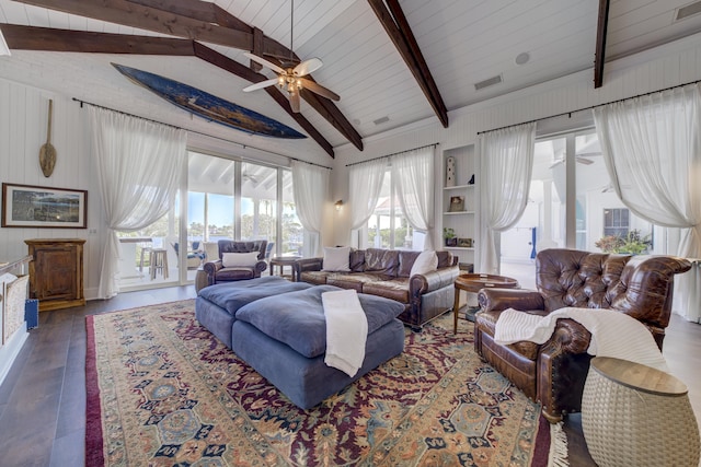 living room with lofted ceiling with beams, visible vents, a ceiling fan, wood finished floors, and wood ceiling