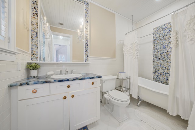 full bathroom with wooden ceiling, toilet, crown molding, and vanity