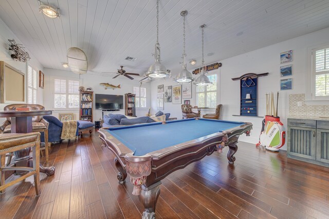 recreation room featuring a healthy amount of sunlight, billiards, and visible vents