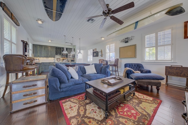 living room with visible vents, a ceiling fan, wood ceiling, and dark wood-style floors