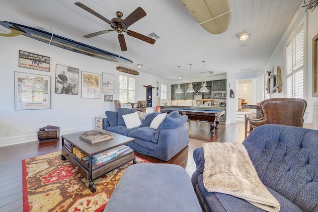 living room featuring hardwood / wood-style floors, billiards, visible vents, wood ceiling, and ceiling fan
