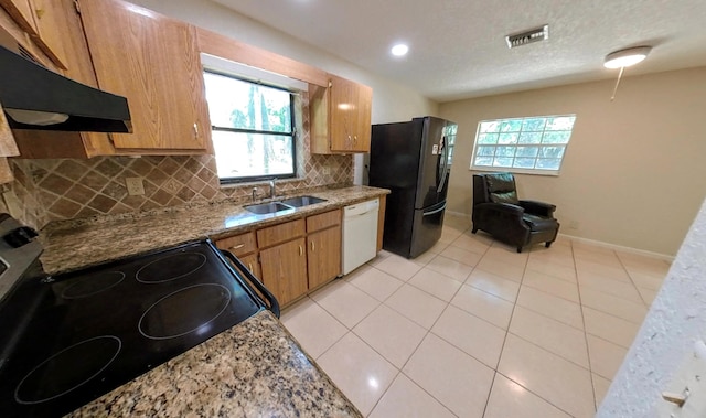 kitchen with freestanding refrigerator, a sink, electric range oven, under cabinet range hood, and dishwasher