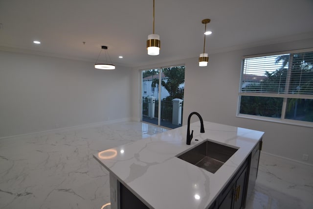 kitchen featuring recessed lighting, baseboards, marble finish floor, and a sink