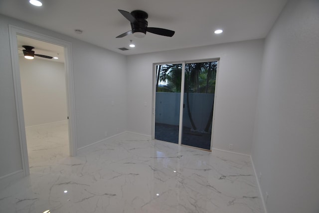 unfurnished room featuring visible vents, marble finish floor, a ceiling fan, recessed lighting, and baseboards