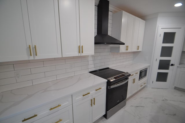 kitchen with marble finish floor, tasteful backsplash, stainless steel electric range oven, wall chimney range hood, and built in microwave