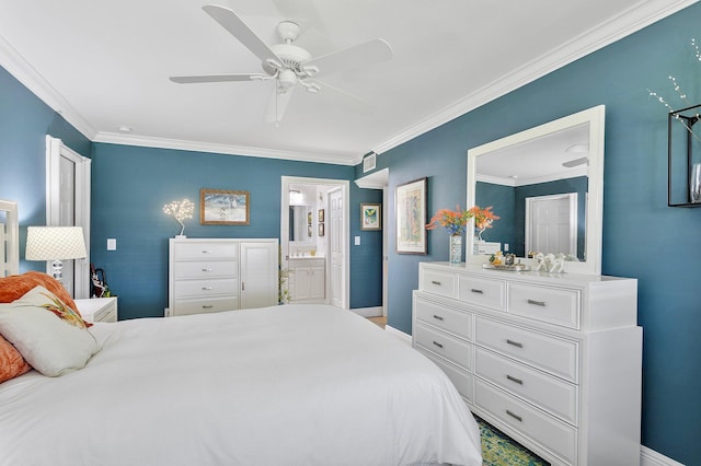 bedroom with ceiling fan, baseboards, ensuite bathroom, and crown molding