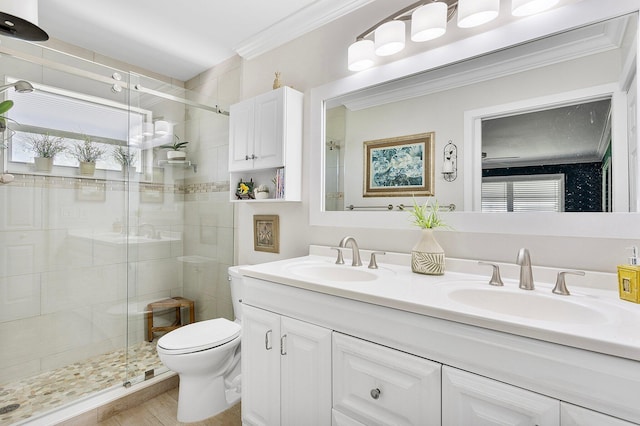 full bathroom with toilet, ornamental molding, a stall shower, and a sink