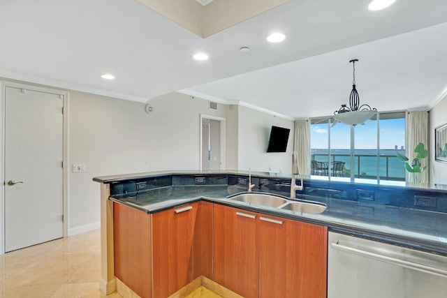 2650 Lake Shore Dr Unit 703, Riviera Beach, FL 33404 - kitchen with crown molding, modern cabinets, brown cabinetry, dishwasher, and a sink