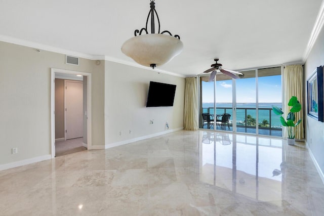 2650 Lake Shore Dr Unit 703, Riviera Beach, FL 33404 - interior space featuring visible vents, baseboards, floor to ceiling windows, a ceiling fan, and crown molding