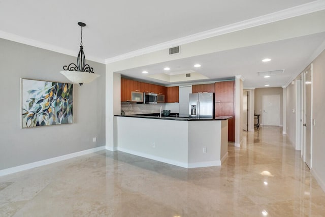 2650 Lake Shore Dr Unit 703, Riviera Beach, FL 33404 - kitchen with visible vents, baseboards, dark countertops, brown cabinetry, and stainless steel appliances