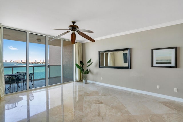 2650 Lake Shore Dr Unit 703, Riviera Beach, FL 33404 - empty room with a view of city, baseboards, ornamental molding, and ceiling fan