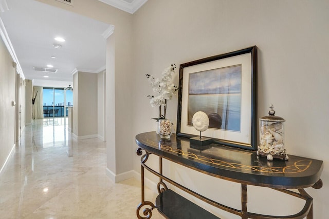 2650 Lake Shore Dr Unit 703, Riviera Beach, FL 33404 - hall featuring visible vents, baseboards, crown molding, recessed lighting, and marble finish floor